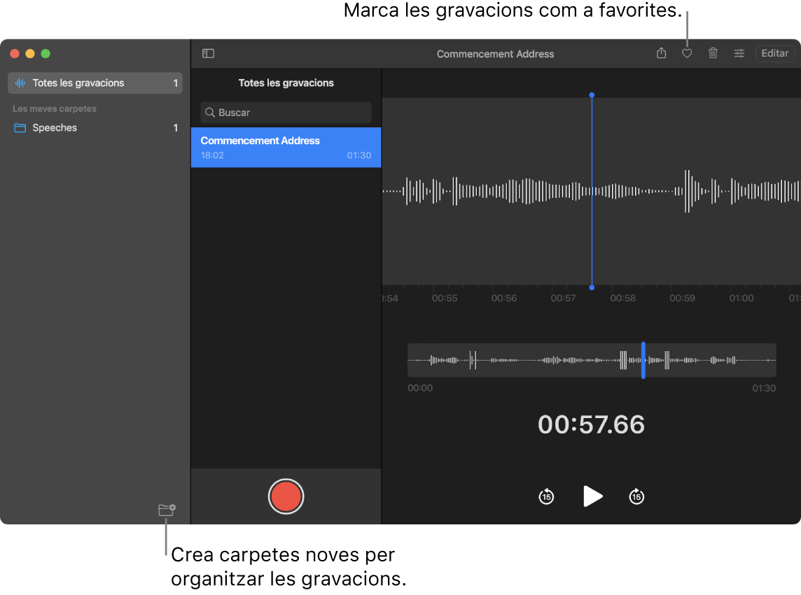 La finestra de l’app Notes de Veu mostrant com crear carpetes noves o marcar una gravació com a favorita.