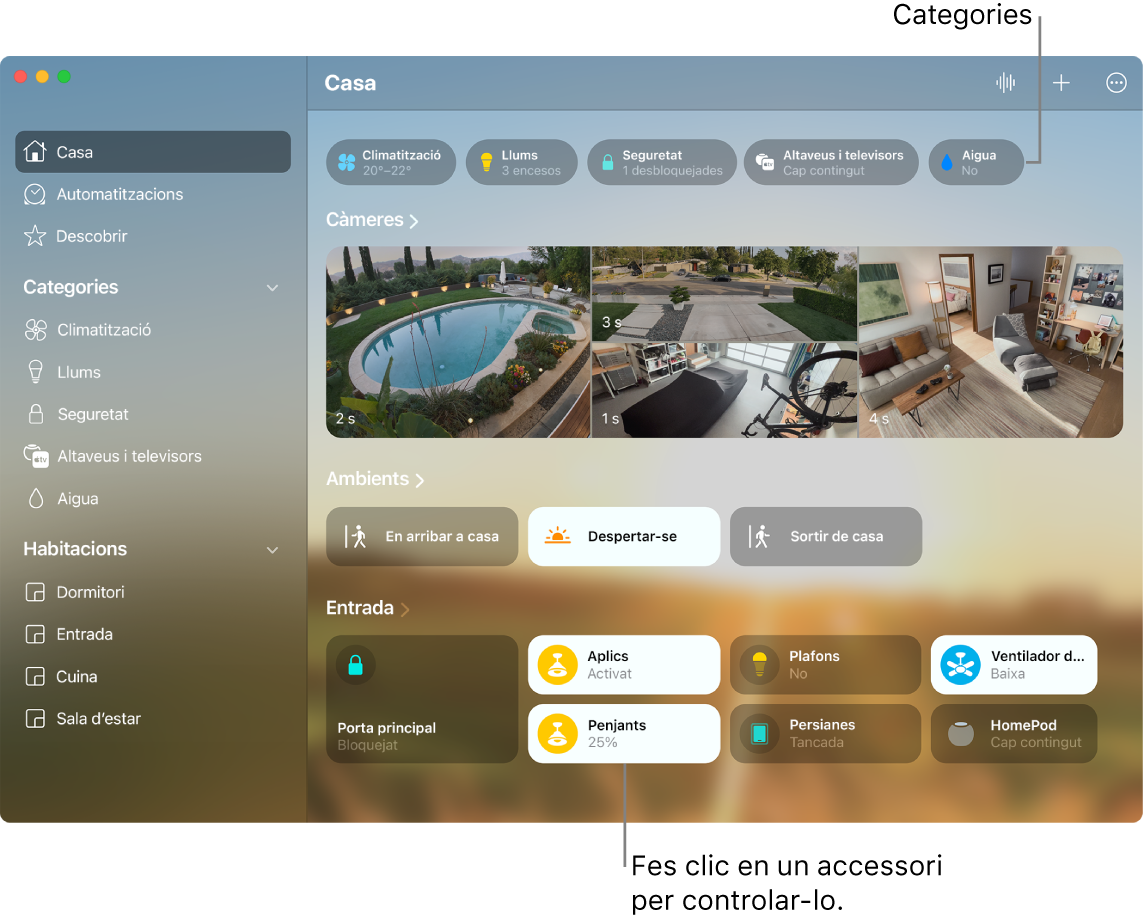 L’app Casa amb diferents categories, ambients favorits i accessoris favorits.