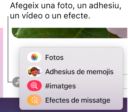 El menú d’apps amb les opcions per mostrar fotos, adhesius memoji, GIF i efectes de missatge.