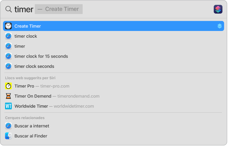 La cerca de “temporitzador” a l’Spotlight amb els resultats per fer servir l’acció ràpida “Crear temporitzador”.