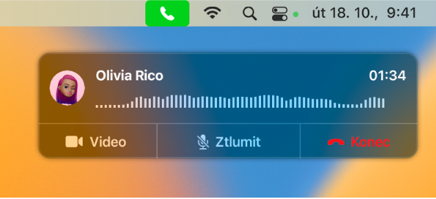 Část obrazovky Macu s oknem oznámení hovoru