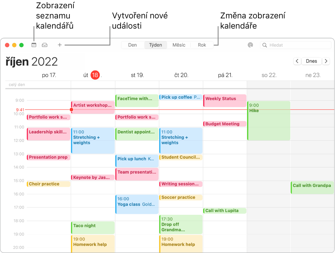 Okno aplikace Kalendář se seznamem kalendářů a popisky ukazujícími, kde můžete přidat událost nebo vybrat zobrazení Den, Týden, Měsíc či Rok