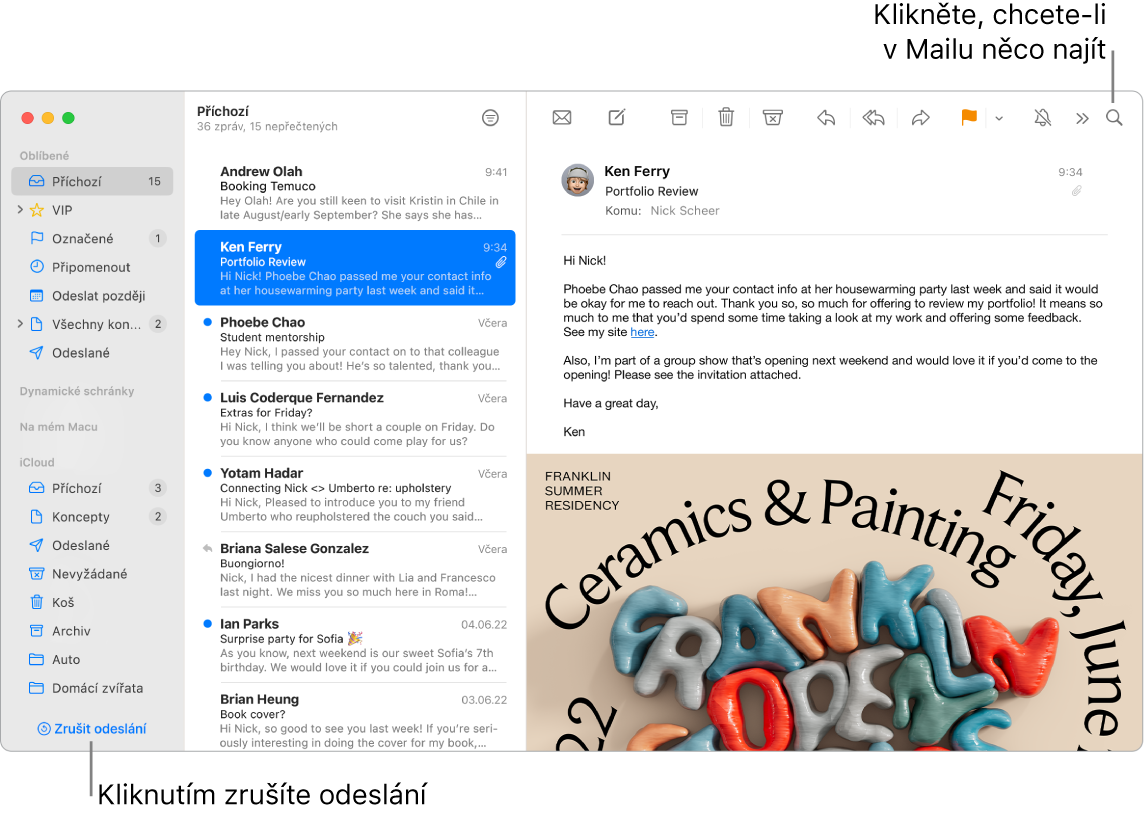 Okno aplikace Mail s bočním panelem na levé straně, obsahujícím složky Oblíbené, Dynamické schránky a iCloud, se seznamem zpráv vedle bočního panelu a s obsahem vybrané zprávy na pravé straně