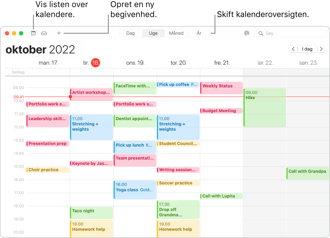 Et kalendervindue, der viser kalenderlisten, hvordan du opretter en begivenhed, og hvordan du vælger oversigten Dag, Uge, Måned eller År.