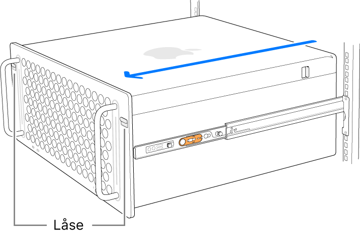 Mac Pro, der hviler på skinner, der er monteret på et rack.