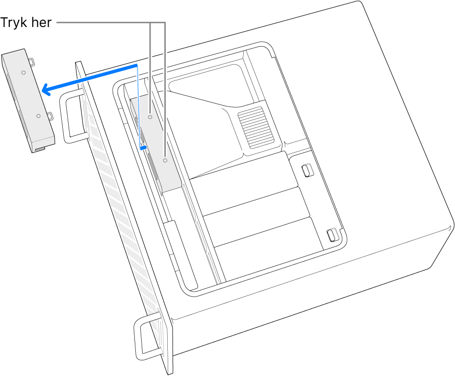 Mac Pro på siden med en illustration af, hvor du skal trykke for at fjerne SSD-dækslet.