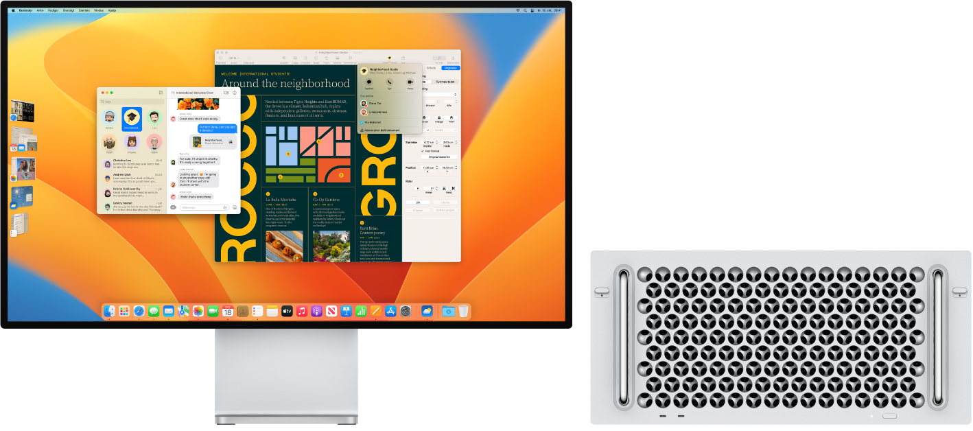 En Mac Pro med en tilsluttet Pro Display XDR, hvor skrivebordet viser Kontrolcenter og flere åbne apps.