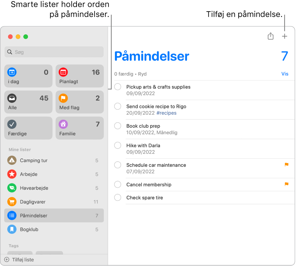 Et vindue i Påmindelser med smarte lister til venstre og andre påmindelser og lister nedenfor. Markøren er placeret i en påmindelse. Der er billedforklaringer til smarte lister og til knappen “Tilføj en ny påmindelse”.