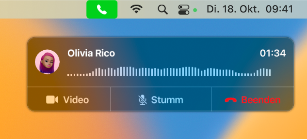 Eine Teilansicht des Mac-Bildschirms, auf dem das Fenster mit der Anrufmitteilung angezeigt wird.