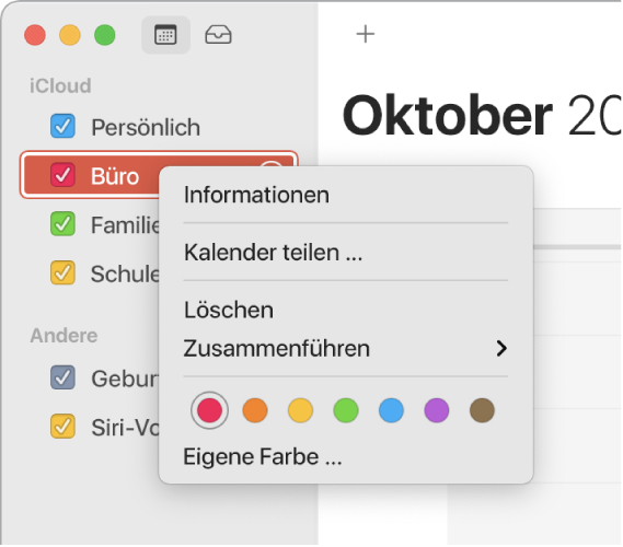 Das Kontextmenü „Kalender“ mit Optionen zum Anpassen der Farbe eines Kalenders