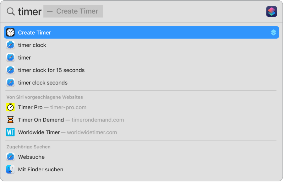 Eine Spotlight-Suche nach „Timer“ mit Treffern für die Schnellaktion „Timer erstellen“.