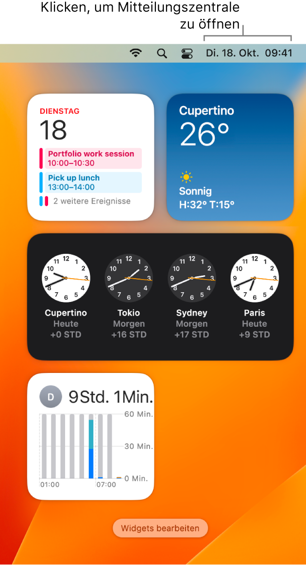 Die Mitteilungszentrale mit Mitteilungen und Widgets für die Apps „Kalender“, „Wetter“, „Uhr“ und „Bildschirmzeit“.