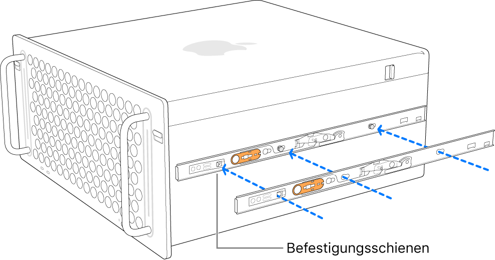 Mac Pro, an dessen Seite eine inneren Schiene montiert ist.