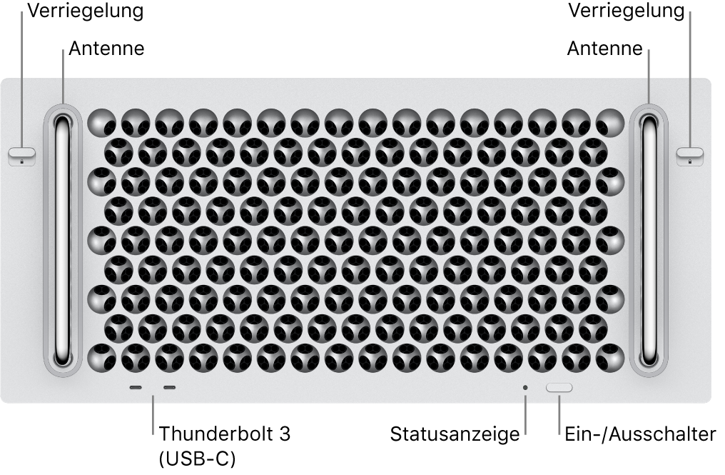 Die Vorderseite des Mac Pro mit zwei Thunderbolt 3-Anschlüssen (USB-C), einer Betriebsanzeige einem Ein-/Ausschalter und einer Antenne.