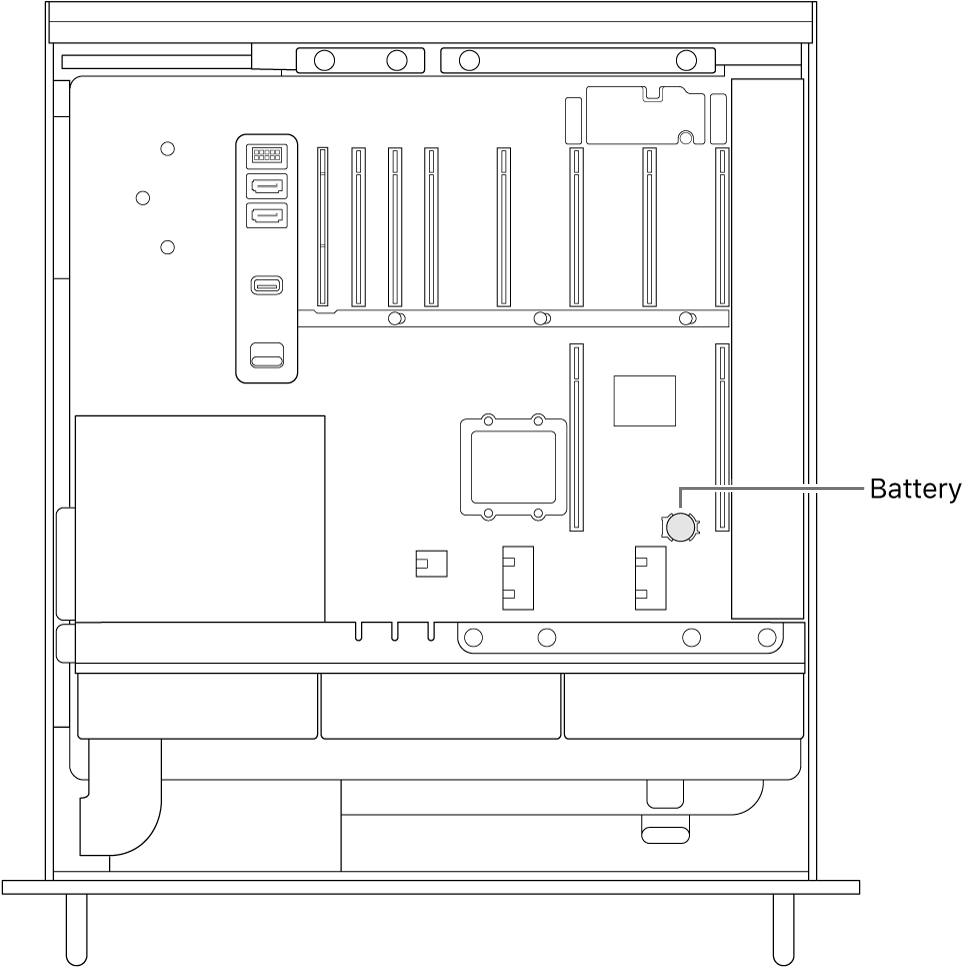 An open side view of Mac Pro illustrating where the coin cell battery is located.