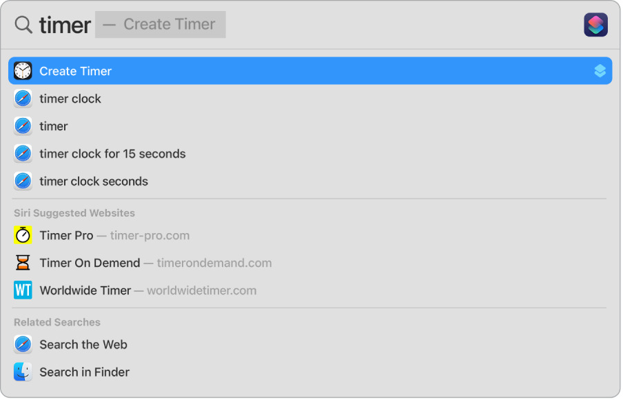 A Spotlight search for “timer”, showing results to use the quick action to Create Timer.