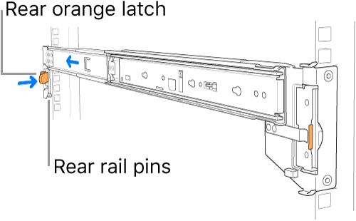 A rail assembly illustrating the location of the rear rail pins and latch.