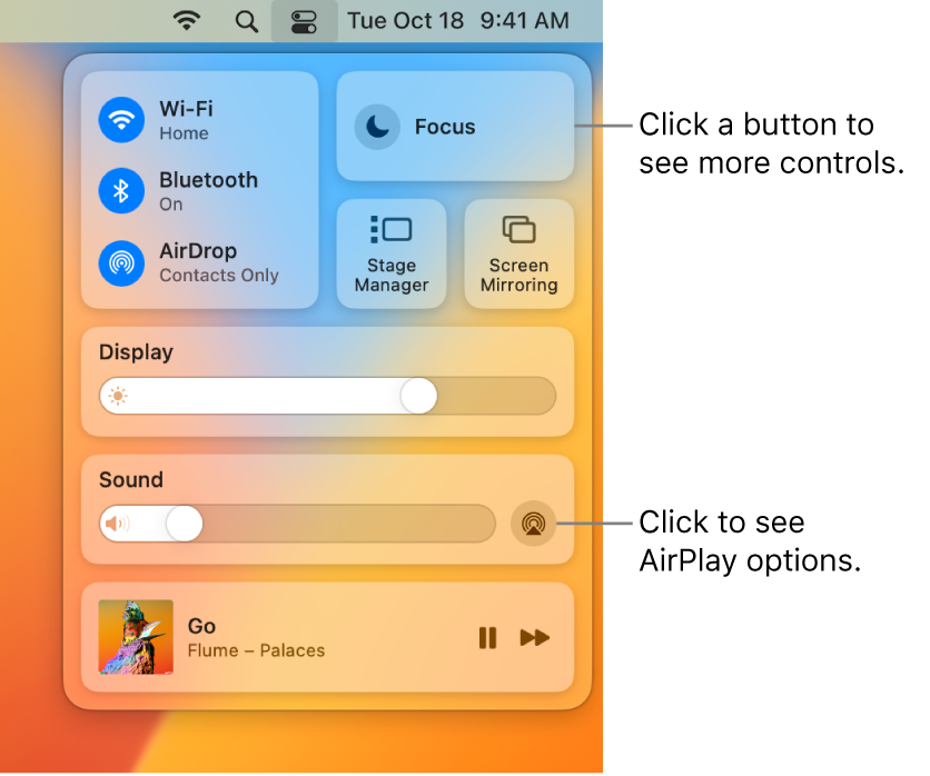 Zoomed-in view of Control Center on your Mac.