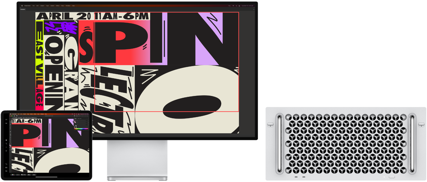 A Mac Pro and an iPad sit side by side. The Mac Pro shows art within the navigator window of Illustrator. The iPad shows the same art in the document window of Illustrator, surrounded by toolbars.