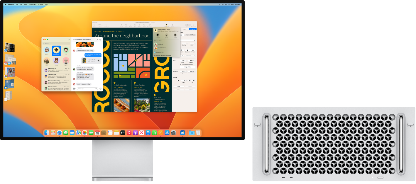 A Mac Pro connected to a Pro Display XDR, with the desktop  showing Control Center and several open apps.