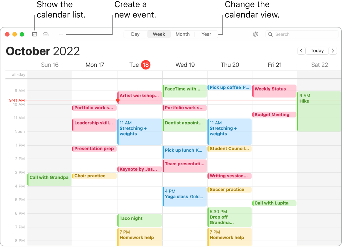 A Calendar window showing the calendar list, how to create an event, and how to choose Day, Week, Month, or Year view.