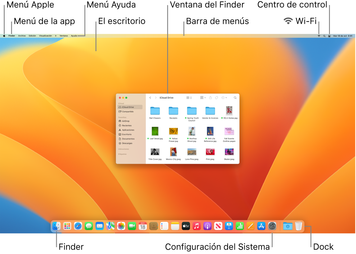 Pantalla de una Mac mostrando el menú Apple, el menú de la app, el menú de Ayuda, el escritorio, la barra de menús, una ventana del Finder el ícono de Wi-Fi, el ícono del centro de control, el ícono del Finder, el ícono de Configuración del Sistema y el Dock.