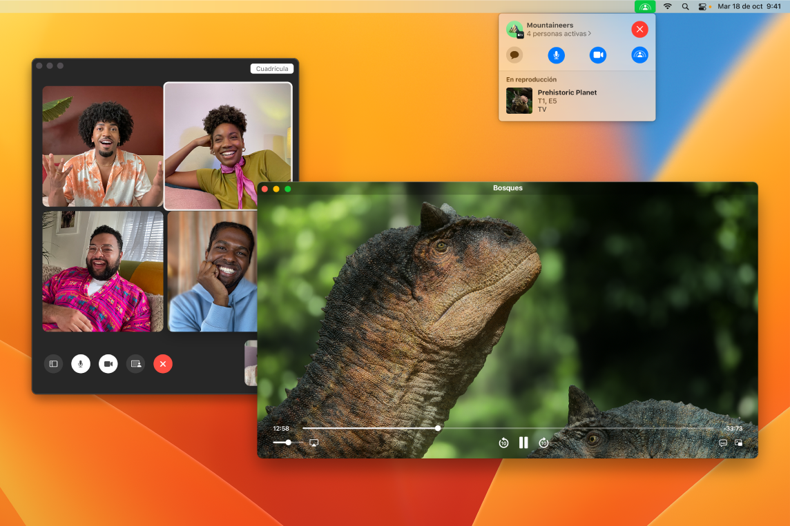 Una reunión en la que se ve de forma compartida un episodio de Planeta Prehistórico en la ventana de la app Apple TV y quienes participan en la ventana de FaceTime.