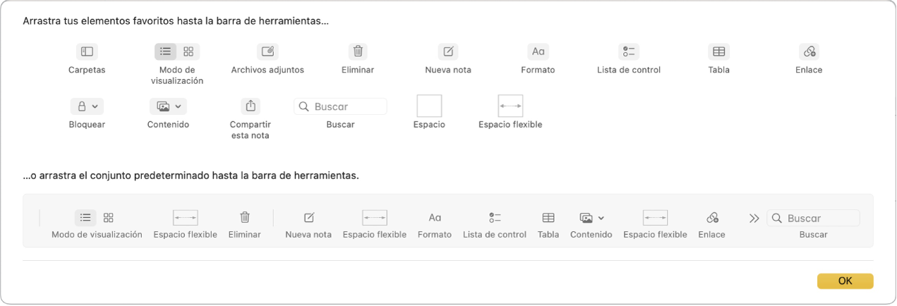 Una ventana de Notas mostrando las opciones disponibles para personalizar la barra de herramientas.