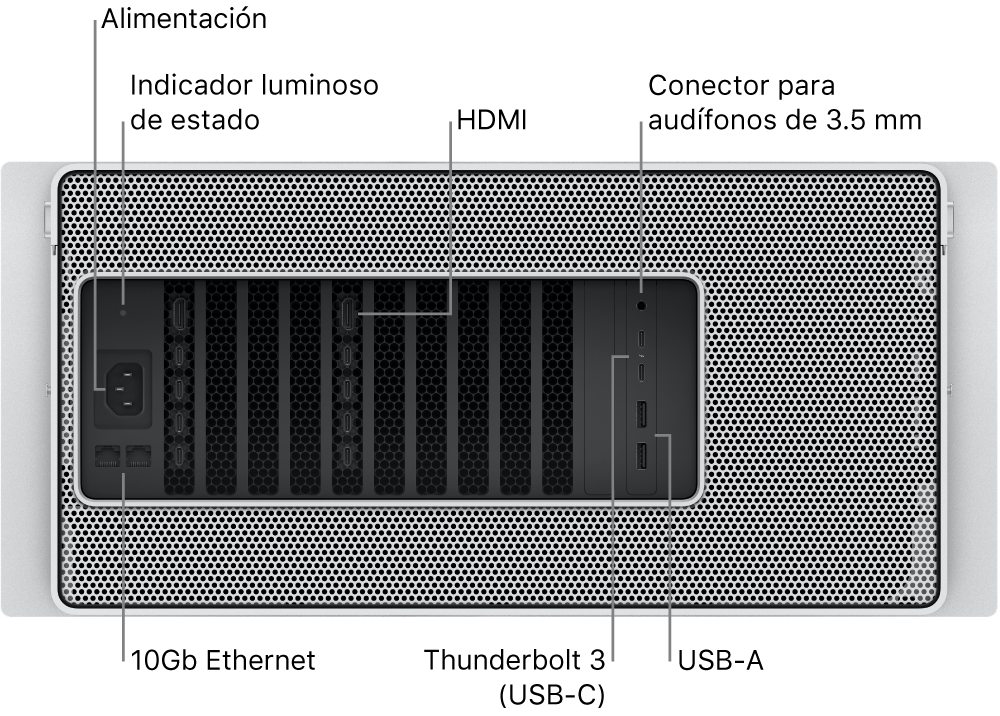La vista trasera de la Mac Pro mostrando el puerto de corriente, un indicador luminoso de estado, dos puertos HDMI, un conector para audífonos de 3.5 mm, dos puertos 10 Gigabit Ethernet, dos puertos Thunderbolt 3 (USB-C) y dos puertos USB-A.
