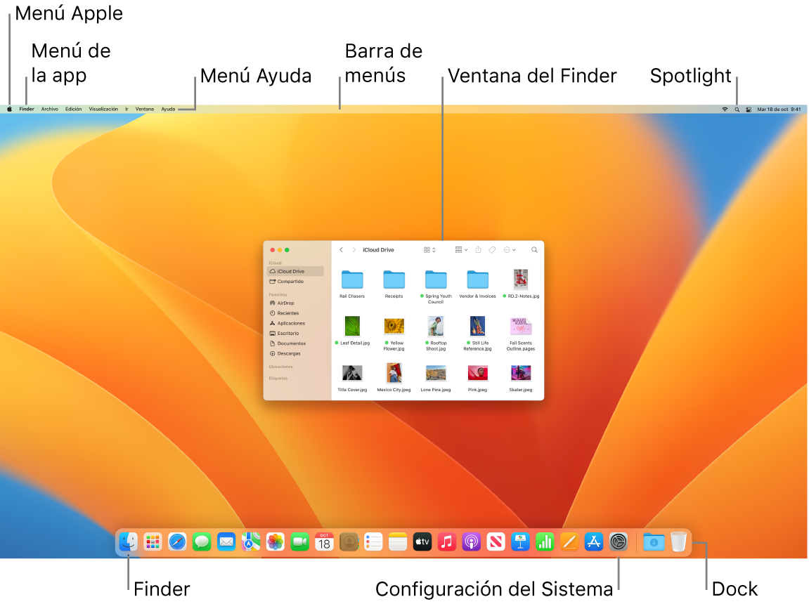 La pantalla de una Mac mostrando el menú Apple, el menú App, el menú Ayuda, la barra de menús, una ventana del Finder, el ícono de Spotlight, el ícono del Finder, el ícono de Configuración del Sistema y el Dock.
