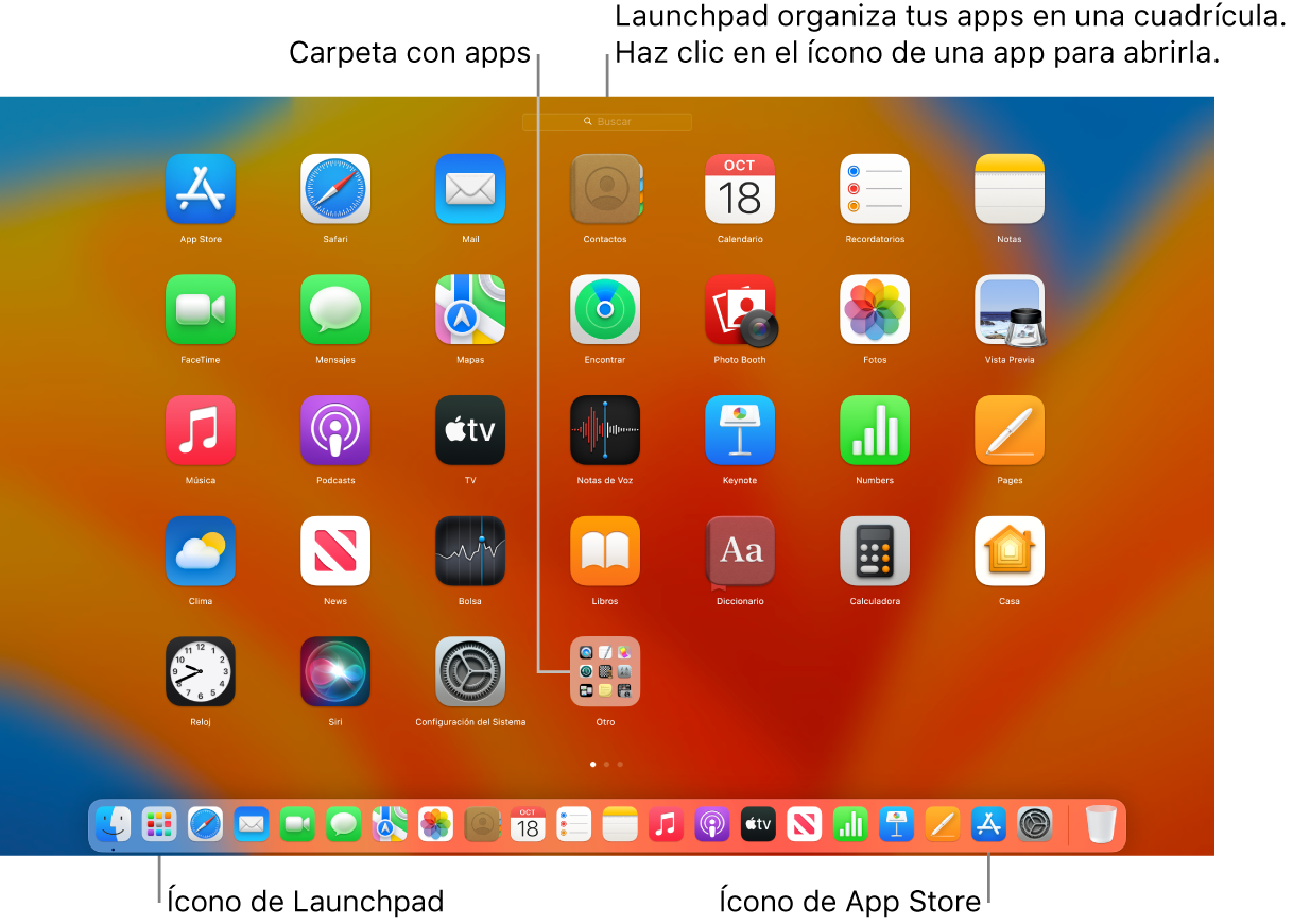La pantalla de la Mac con el Launchpad abierto, mostrando una carpeta de apps en el Launchpad y los íconos del Launchpad y de App Store en el Dock.