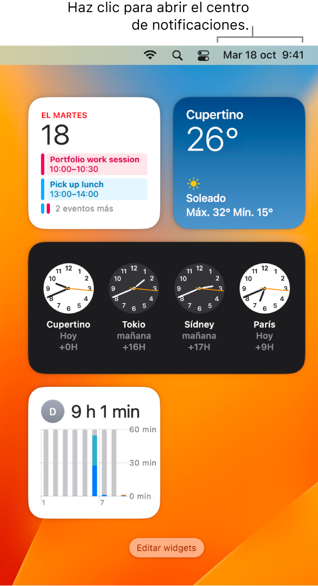 Centro de notificaciones con notificaciones y widgets de Calendario, Tiempo, Reloj y “Tiempo de uso”.