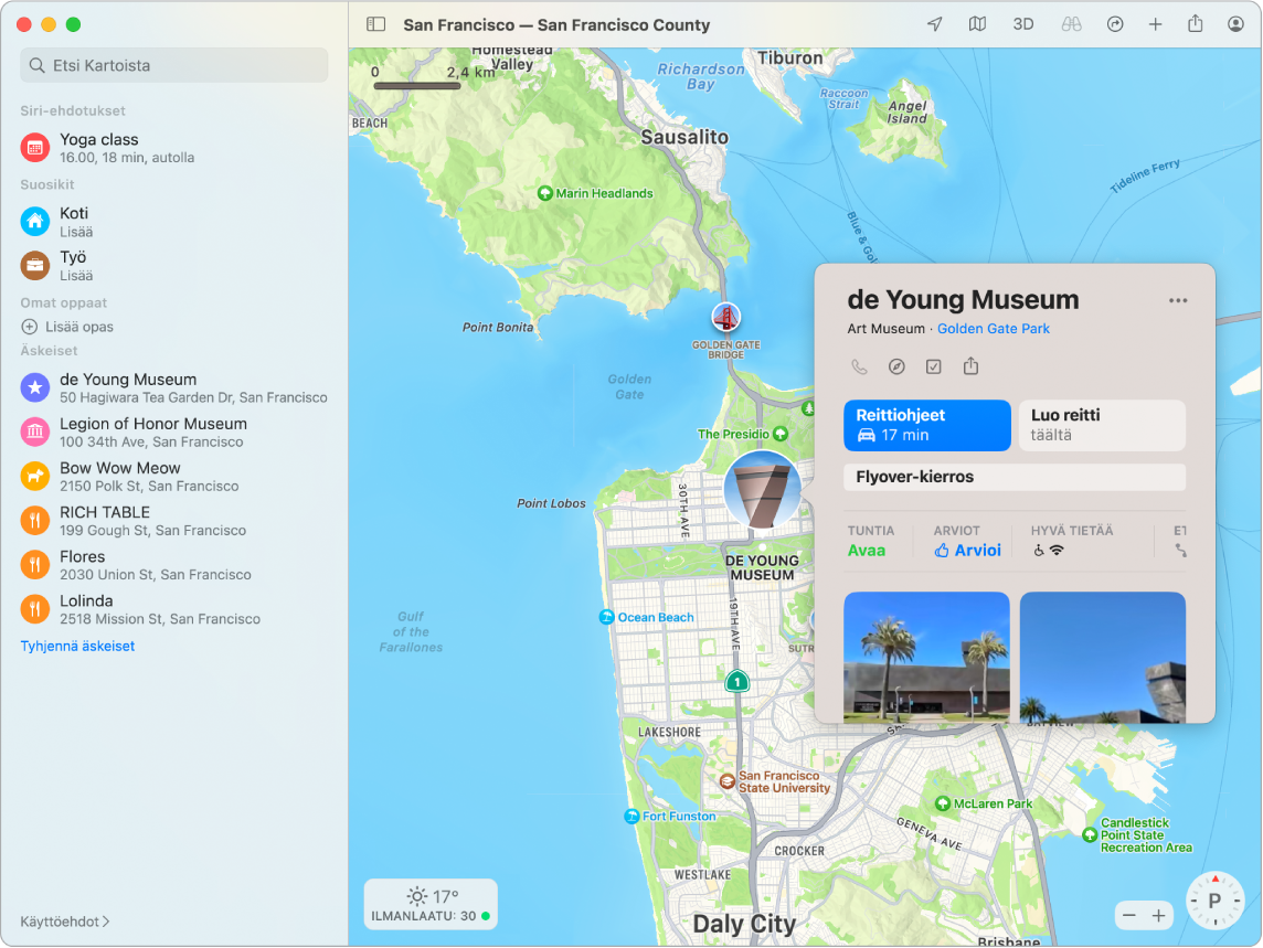 San Franciscon kartta, jossa näkyy museo. Tietoikkunassa näkyy tärkeitä tietoja yrityksestä.