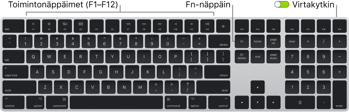 Magic Keyboard, jossa näkyy fn-näppäin näppäimistön vasemmassa alakulmassa ja päällä/pois-kytkin oikeassa yläkulmassa.