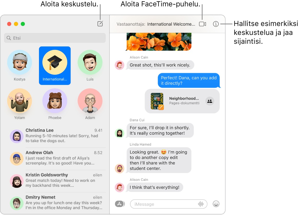 Viestit-ikkuna, jossa näytetään, miten aloitetaan keskustelu ja FaceTime-puhelu.