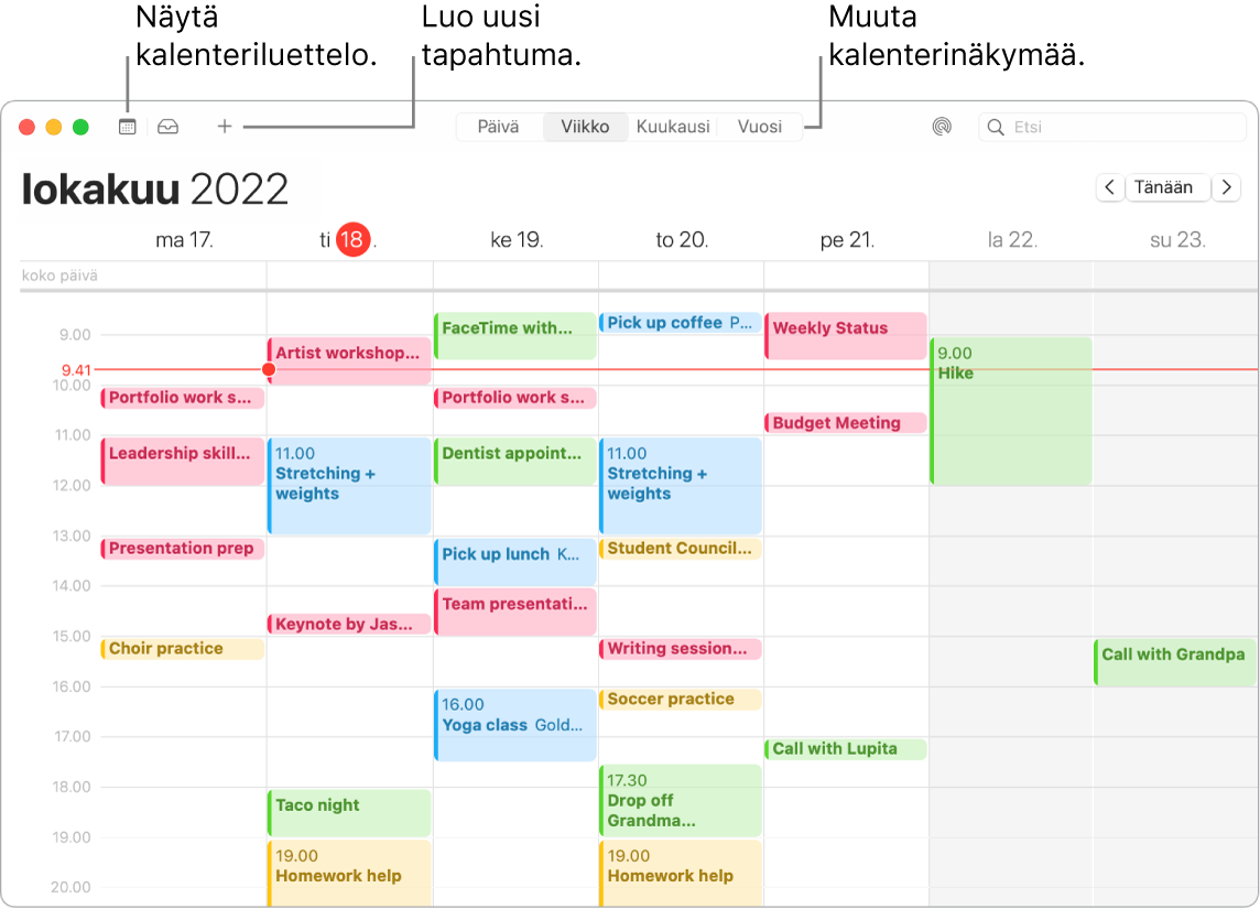 Kalenteri-ikkuna, jossa näkyy kalenteriluettelo ja jossa näytetään, kuinka tapahtuma lisätään ja kuinka valitaan näkymäksi päivä, viikko, kuukausi tai vuosi.