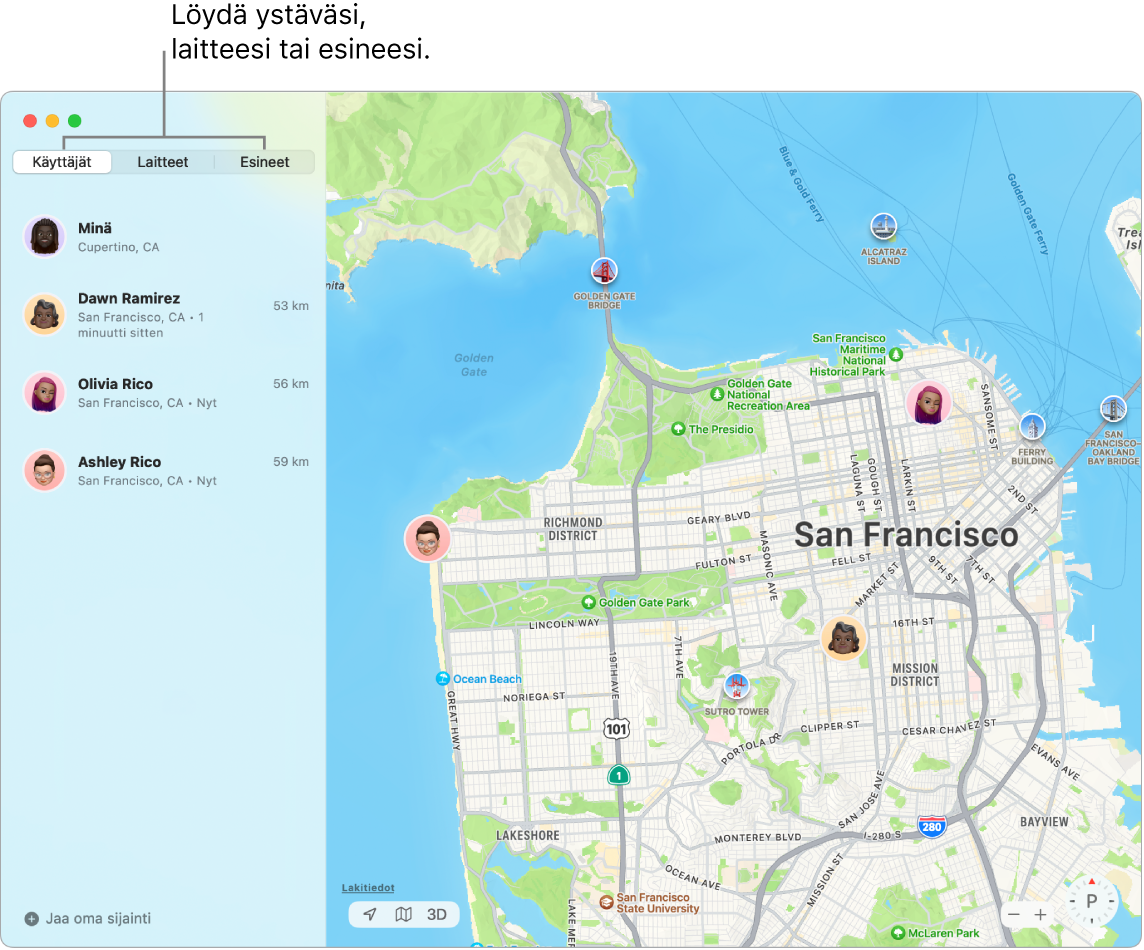 Etsi-ikkuna, jossa on Käyttäjät-välilehti valittuna vasemmalla ja oikealla San Franciscon kartta, jossa on oma sijaintisi ja kahden ystävän sijainnit.