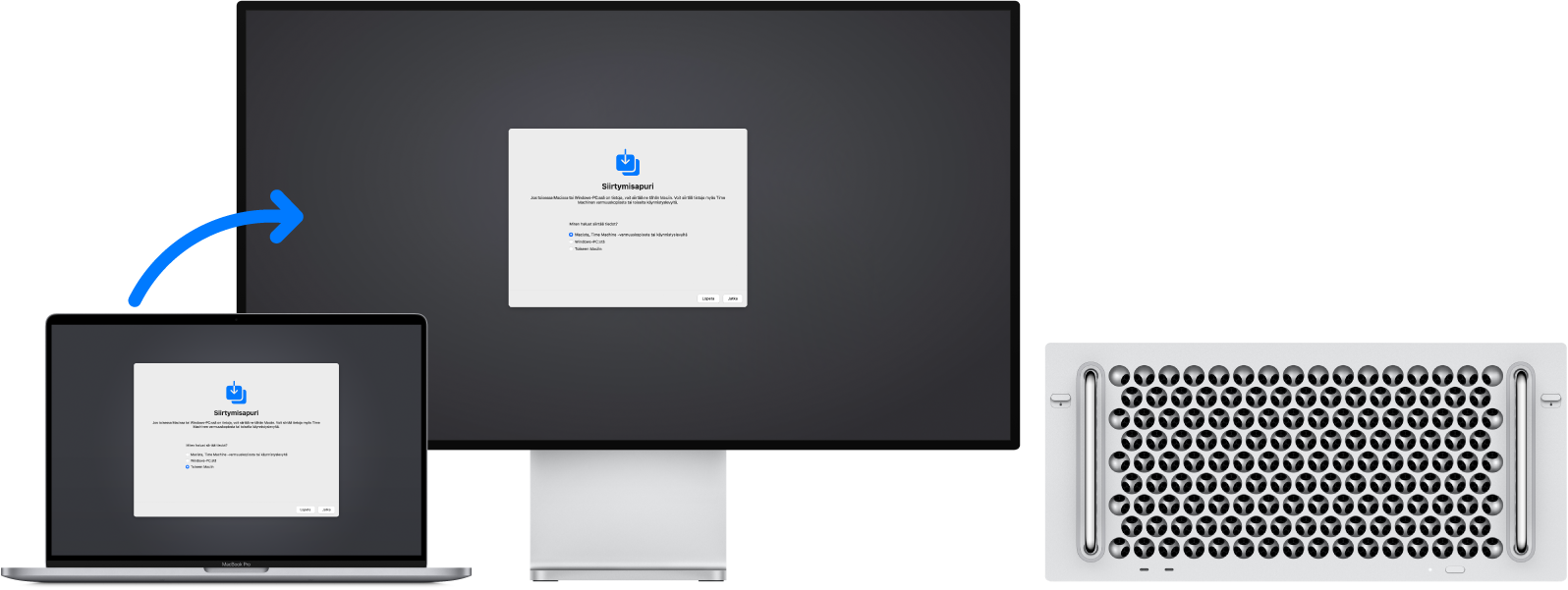 MacBook Prossa ja Mac Prossa näkyy Siirtymisapuri-näyttö. MacBook Prosta Mac Prohon menevä nuoli osoittaa tiedonsiirtoa laitteesta toiseen.