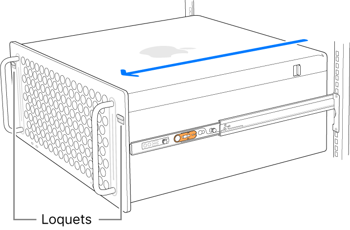 Le Mac Pro reposant sur des glissières fixées à un rack.
