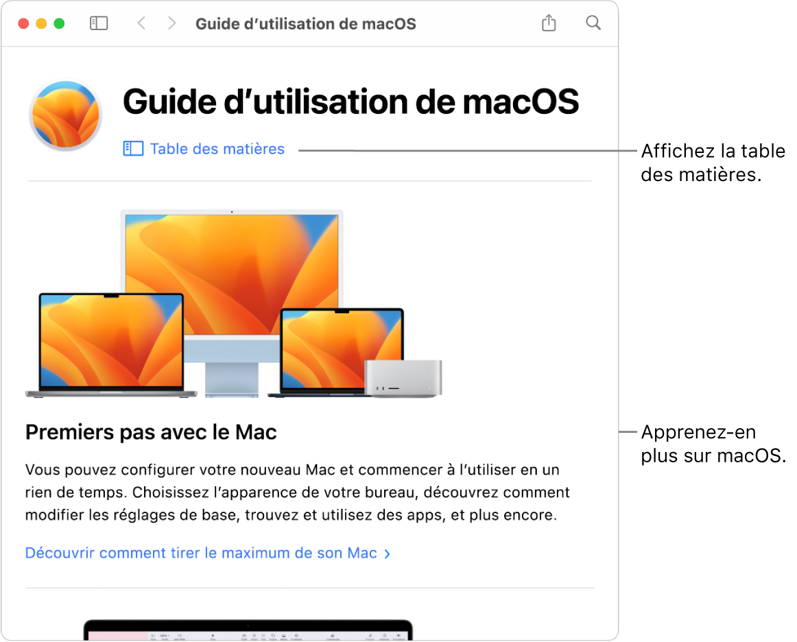 La page d’accueil du guide d’utilisation de macOS présentant le lien Table des matières.