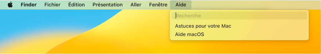 Un bureau partiel avec un menu Aide ouvert, affichant les options de menu pour Recherche et Aide macOS.