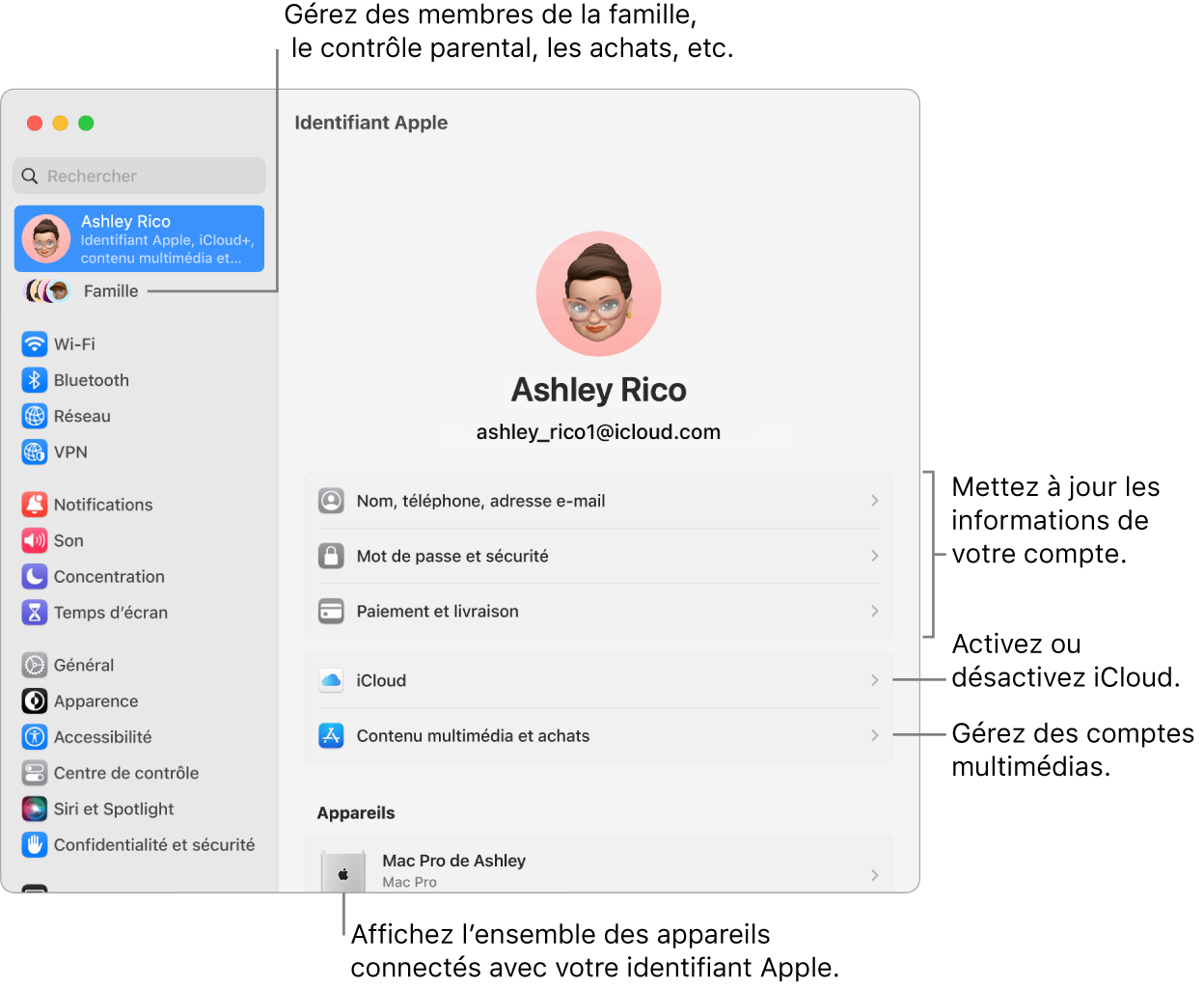 Sous-fenêtre de l’identifiant Apple dans « Réglages Système » avec des légendes pour la mise à jour des informations du compte, l’activation ou la désactivation des fonctionnalités iCloud, la gestion des comptes multimédias, et Famille, où vous pouvez gérer les membres de votre famille, les contrôles parentaux, les achats, et plus encore.