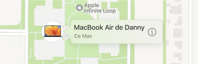 Un gros plan sur l’icône d’informations du MacBook Air de Danny.