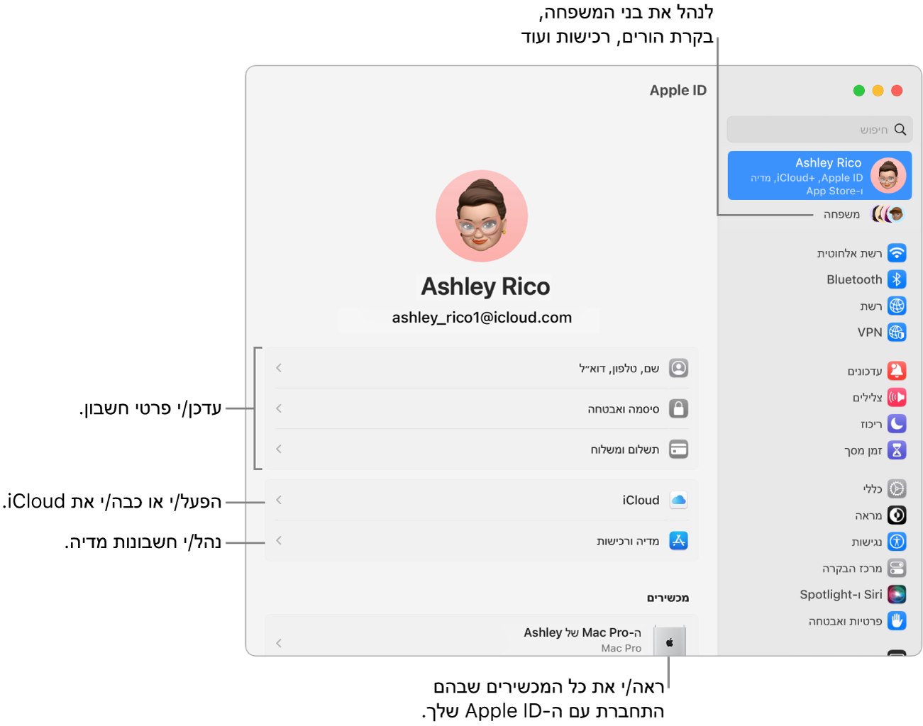חלונית Apple ID ב״הגדרות המערכת״ עם הסברים על עדכון פרטי החשבון, הפעלה או כיבוי של מאפייני iCloud, ניהול חשבונות מדיה ו״משפחה״, שם ניתן לנהל בני משפחה, בקרי הורים, רכישות ועוד.