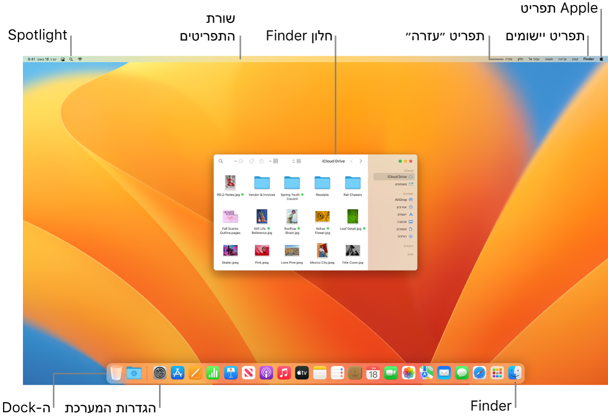 מסך Mac המציג את הרכיבים הבאים: תפריט Apple, תפריט ״יישומים״, תפריט ״עזרה״, שורת התפריטים, חלון של Finder, האייקון של Spotlight, האייקון של Finder, האייקון של ״הגדרות המערכת״ וה‑Dock.