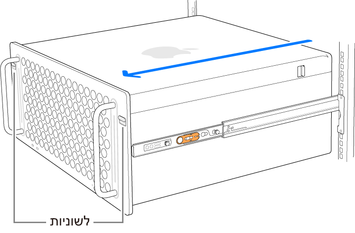 ‏Mac Pro מונח על מסילות המחוברות למערכת מידוף.