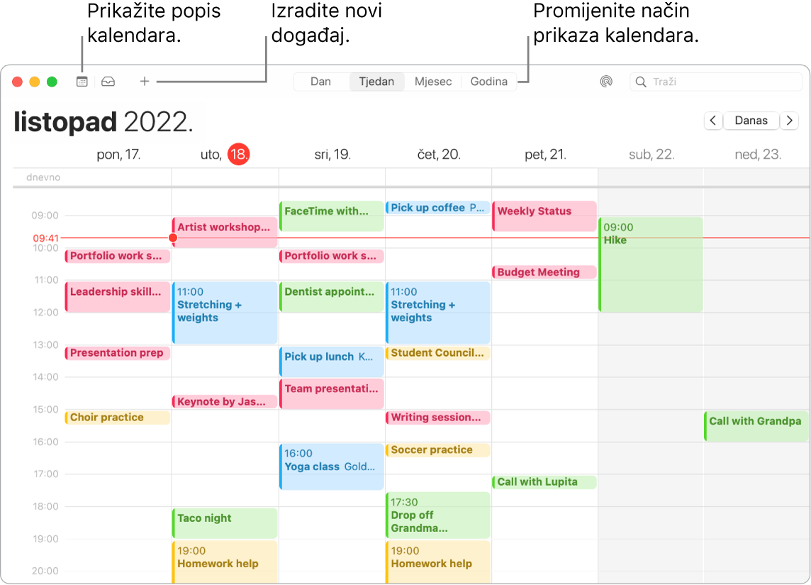 Prozor Kalendara koji prikazuje popis kalendara, kako izraditi događaj te kako odabrati prikaz Dan, Tjedan, Mjesec ili Godina.