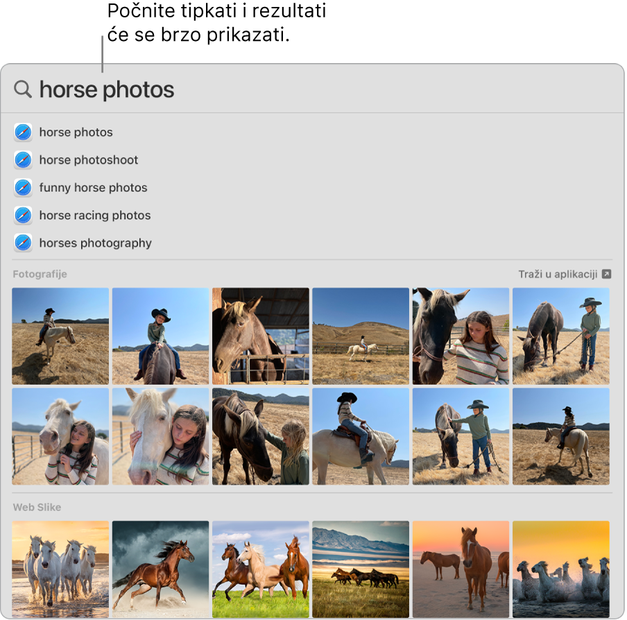 Prozor aplikacije Spotlight prikazuje rezultate pretraživanja za “slike konja”.