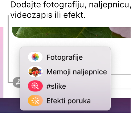 Izbornik Aplikacija s opcijama za prikaz fotografija, Memoji naljepnica, GIF-ova i efekta poruka.