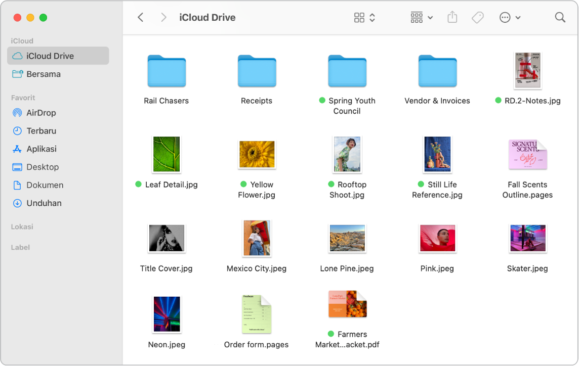 Jendela Finder terbuka, menampilkan file dan folder sebagai ikon.